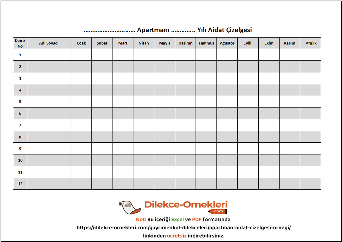 12 dairelik apartman aidat çizelgesi örneği