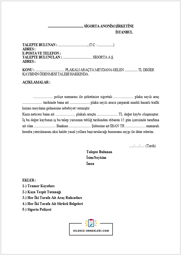 Araç değer kaybı dilekçesi örneği