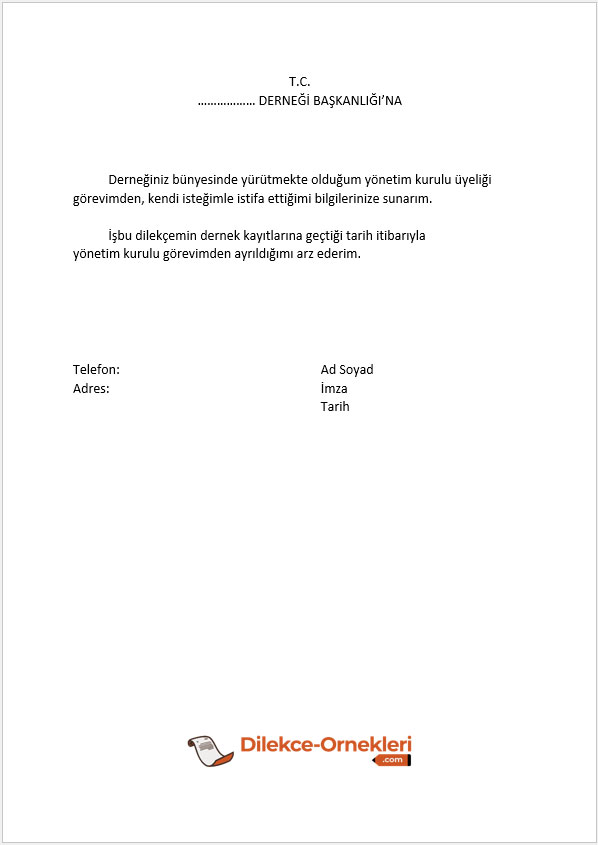 Dernek Yönetim Kurulu, İstifa Dilekçesi, Resmi Dilekçe Örneği, Yönetim Kurulu İstifası
