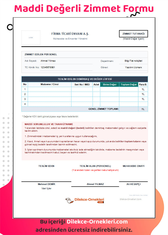 zimmet formu - maddi değerli zimmet formu