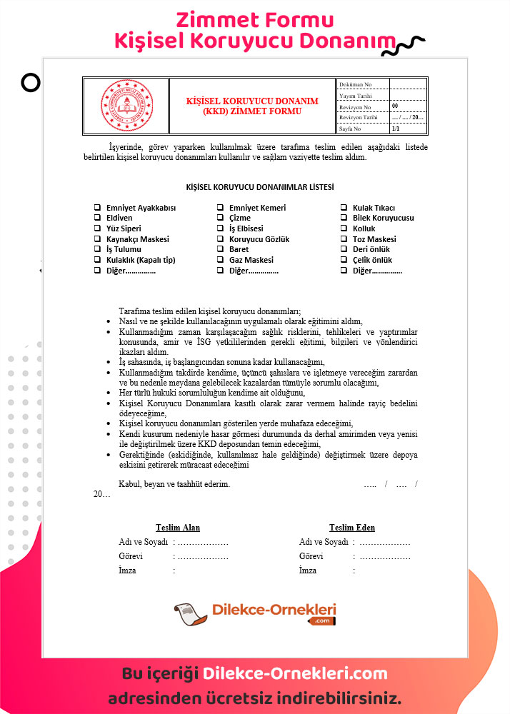 zimmet formu kişisel koruyucu ekipman icin hazırlanmış